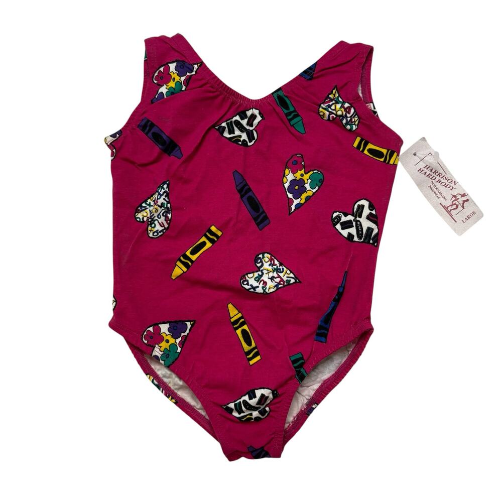 Vintage 80s NEW Girls Dance Gymnastics Bodysuit in Pink Crayon Print Size Large